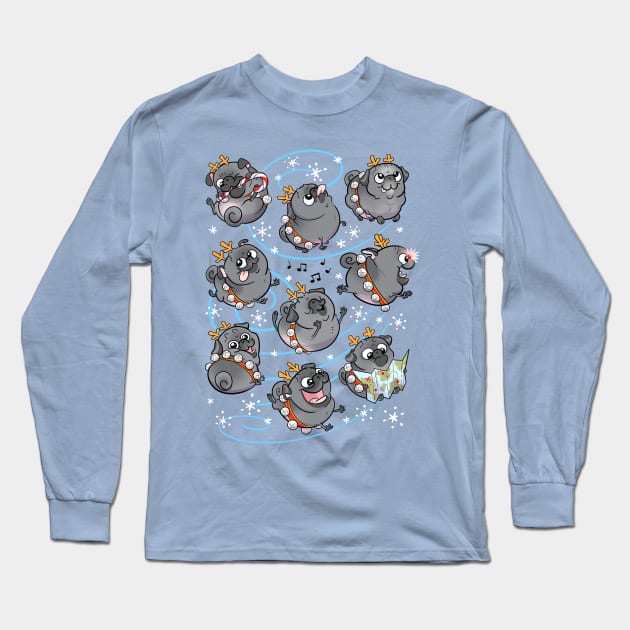 Reindeer Pugs - black pugs Long Sleeve T-Shirt by Inkpug